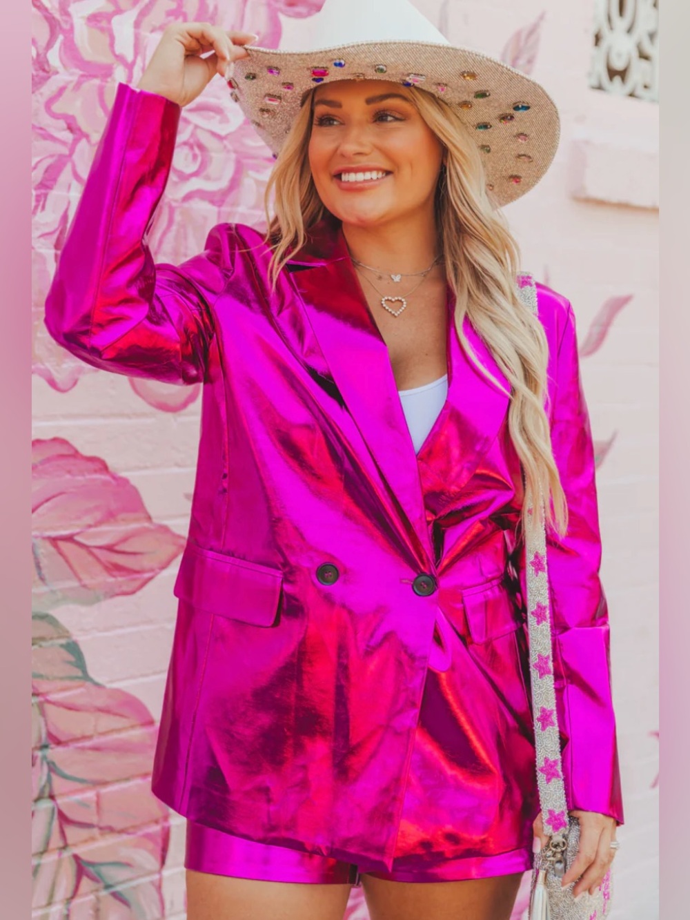 Buddy Love Oversized Metallic Fuchsia Double-Breasted Blazer Jacket
